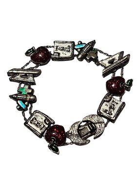 Vintage Teacher Themed Charm Bracelet Red Glitter Apples Books School Supplies
